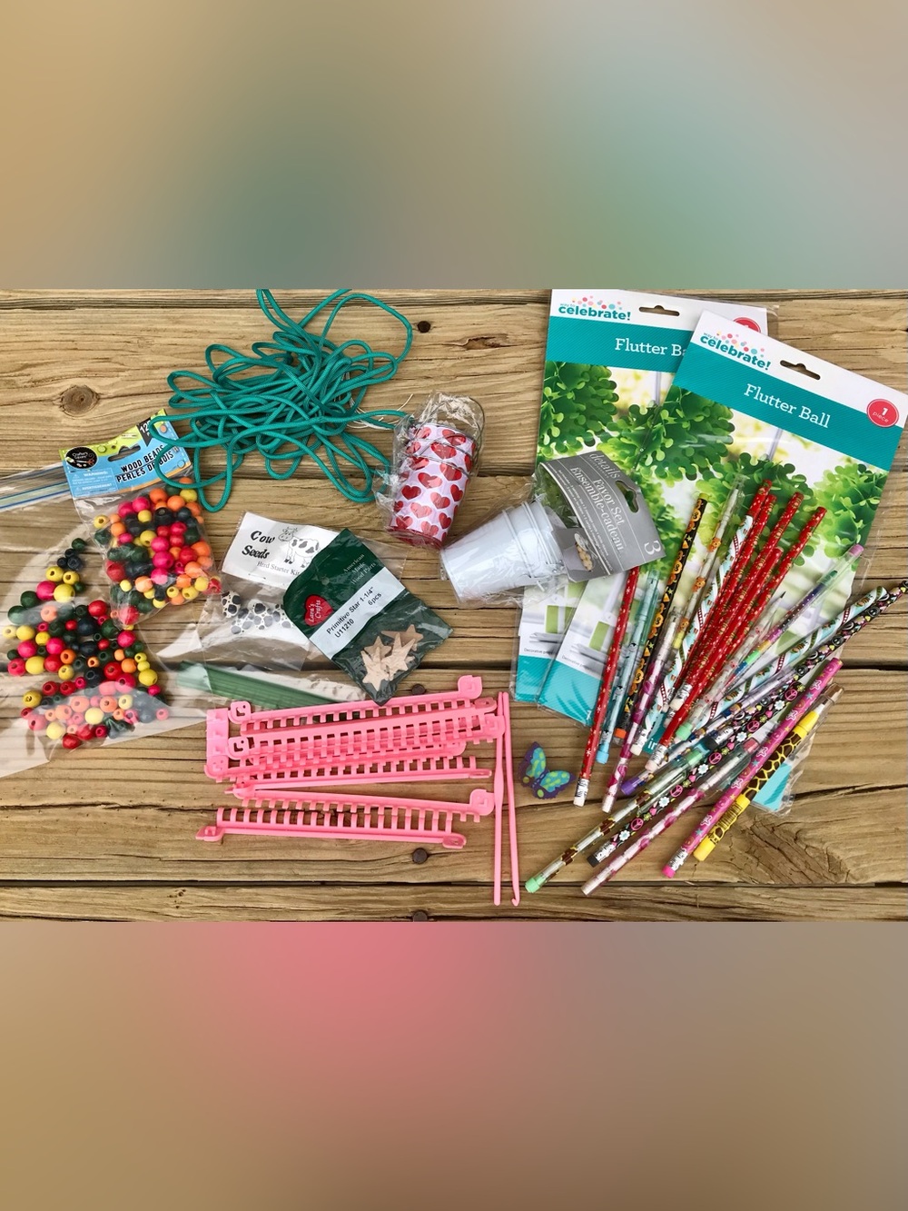 Mixed Lot Arts Crafts XL Loom Wooden Beads Tiny Tin Cans Nylon Cord Decorations